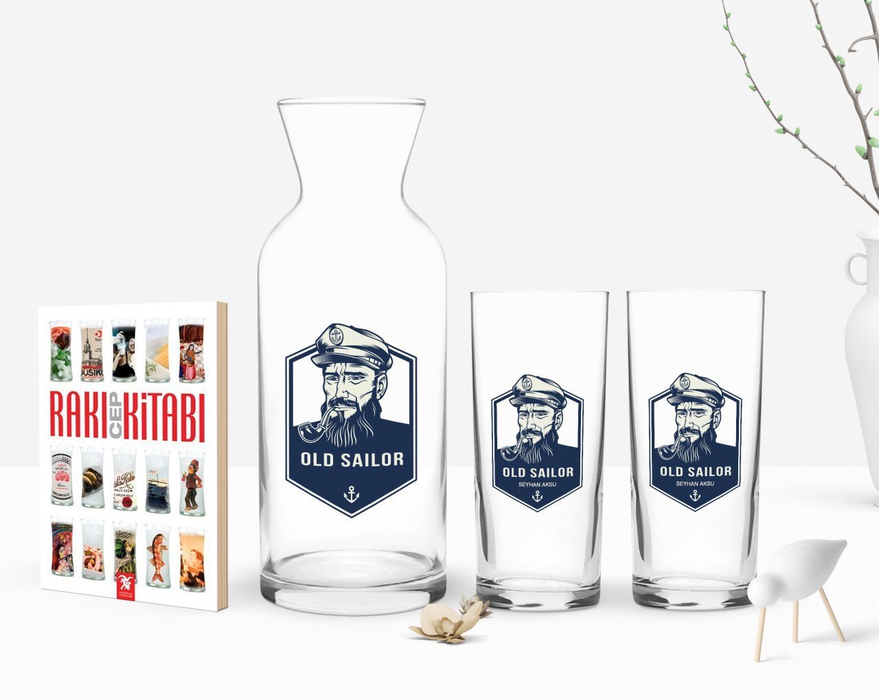 Kişiye Özel Renkli Baskılı Denizci Tasarımlı İkili Rakı Bardağı Karaf ve Cep Kitabı Hediye Seti-1