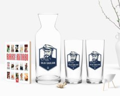 Kişiye Özel Renkli Baskılı Denizci Tasarımlı İkili Rakı Bardağı Karaf ve Cep Kitabı Hediye Seti-1