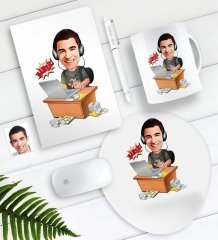 Kişiye Özel Bay Gamer Karikatürlü Defter Kalem Kupa Mouse Pad Seti