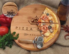 BK Gift Kişiye Özel İsimli Bambu Ahşap Döner Tablalı Pizza Tahtası-2, Pizza Kesme Tahtası Seti, Şarküteri Tahtası, Servis Tepsisi, Ahşap Tabak, Eve Taşınma Hediyesi