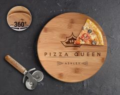 BK Gift Kişiye Özel İsimli Bambu Ahşap Döner Tablalı Pizza Tahtası-2, Pizza Kesme Tahtası Seti, Şarküteri Tahtası, Servis Tepsisi, Ahşap Tabak, Eve Taşınma Hediyesi