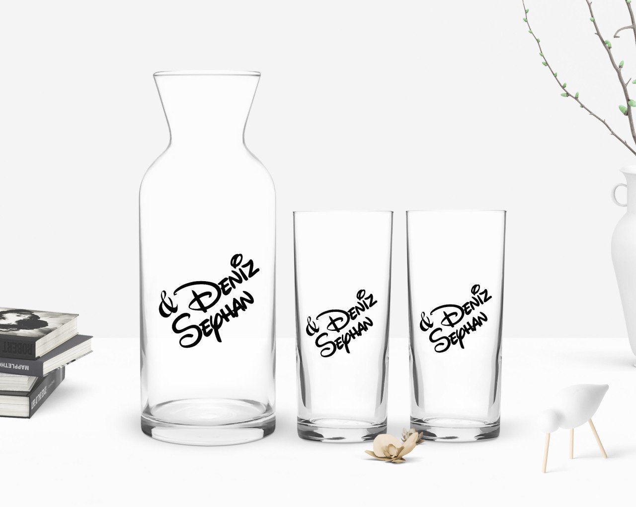 Kişiye Özel Renkli Baskılı İsimli İkili Rakı Bardağı ve Karaf Hediye Seti