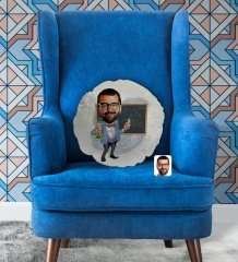 Kişiye Özel Erkek Kimya Öğretmeni Karikatürlü Yuvarlak Dekoratif Kırlent Yastık-1