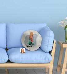 Kişiye Özel İsimli Kadın Karikatürlü Yuvarlak Dekoratif Kırlent Yastık-24