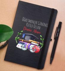 BK Gift Kişiye Özel Öğretmenler Günü Tasarımlı Siyah Defter ve Metal Versatil Kalem(0,7 Kurşun) Hediye Seti-3