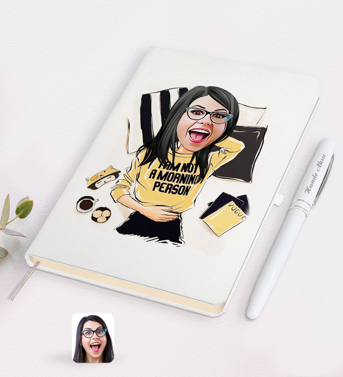 Kişiye Özel Kadın Moda İkonu Karikatürlü Beyaz Defter ve Kalem Hediye Seti-6