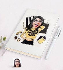 Kişiye Özel Kadın Moda İkonu Karikatürlü Beyaz Defter ve Kalem Hediye Seti-6