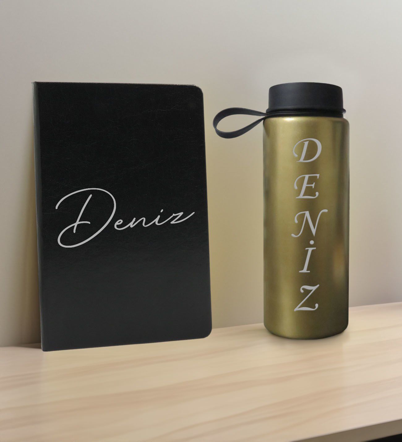 BK Gift Kişiye  Özel İsimli Siyah Defter ve Gold Cam Matara Hediye Seti-1, Sevgiliye Hediye, Arkadaşa Hediye, Yeni İş Hediyesi