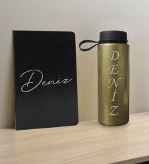 BK Gift Kişiye  Özel İsimli Siyah Defter ve Gold Cam Matara Hediye Seti-1, Sevgiliye Hediye, Arkadaşa Hediye, Yeni İş Hediyesi