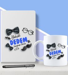 Kişiye Özel Yakışıklı Dedem Tasarımlı Beyaz Defter Kalem ve Kupa Seti-1