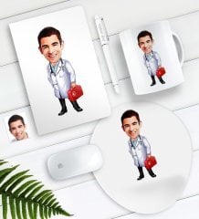 Kişiye Özel Bay Doktor Karikatürlü Defter Kalem Kupa Mouse Pad Seti-5