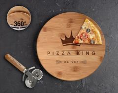 BK Gift Kişiye Özel İsimli Bambu Ahşap Döner Tablalı Pizza Tahtası-1, Pizza Kesme Tahtası Seti, Şarküteri Tahtası, Servis Tepsisi, Ahşap Tabak, Eve Taşınma Hediyesi