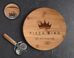 BK Gift Kişiye Özel İsimli Bambu Ahşap Döner Tablalı Pizza Tahtası-1, Pizza Kesme Tahtası Seti, Şarküteri Tahtası, Servis Tepsisi, Ahşap Tabak, Eve Taşınma Hediyesi