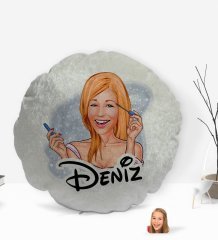 Kişiye Özel İsimli Kadın Karikatürlü Yuvarlak Dekoratif Kırlent Yastık-21