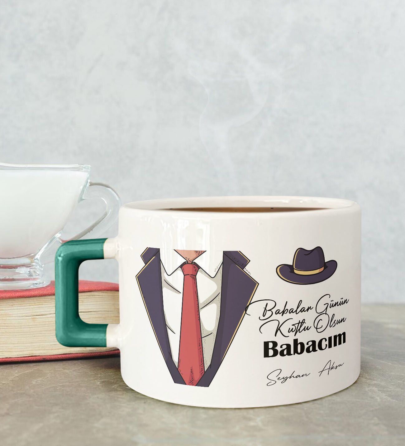 BK Gift Kişiye Özel Babalar Günü Tasarımlı Yeşil Kulplu Çay & Kahve Fincanı-4, Babaya Hediye, Babalar Günü Hediyesi