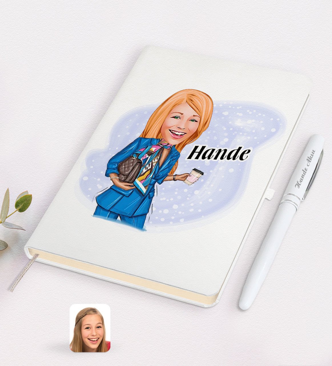 Kişiye Özel Kadın Moda İkonu Karikatürlü Beyaz Defter ve Kalem Hediye Seti-5