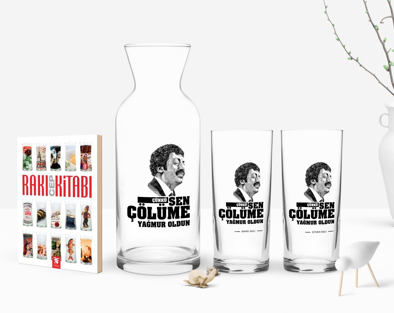 Kişiye Özel Renkli Baskılı Çünkü Sen Çölüme Yağmur Oldun Tasarımlı İkili Rakı Bardağı Karaf ve Cep Kitabı Hediye Seti-8