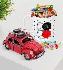 BK Gift Kişiye Özel 2023 Mutlu Yıllar Plakalı Nostaljik Kırmızı Metal Vosvos ve Kupa Haribo Şeker Seti-15