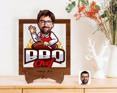 Kişiye Özel Erkek Barbekü Chef Karikatürlü Ahşap Standlı 3D Biblo-1