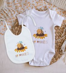 BK Kids My Princess Tasarımlı Bebek Body Zıbın ve Mama Önlüğü Hediye Seti - Model 1