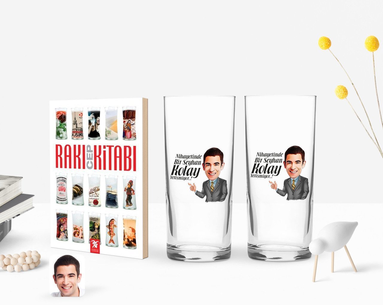 Kişiye Özel Renkli Baskılı Erkek Kolay Yetişmiyor Karikatürlü İkili Rakı Bardağı ve Rakı Cep Kitabı Hediye Seti-2