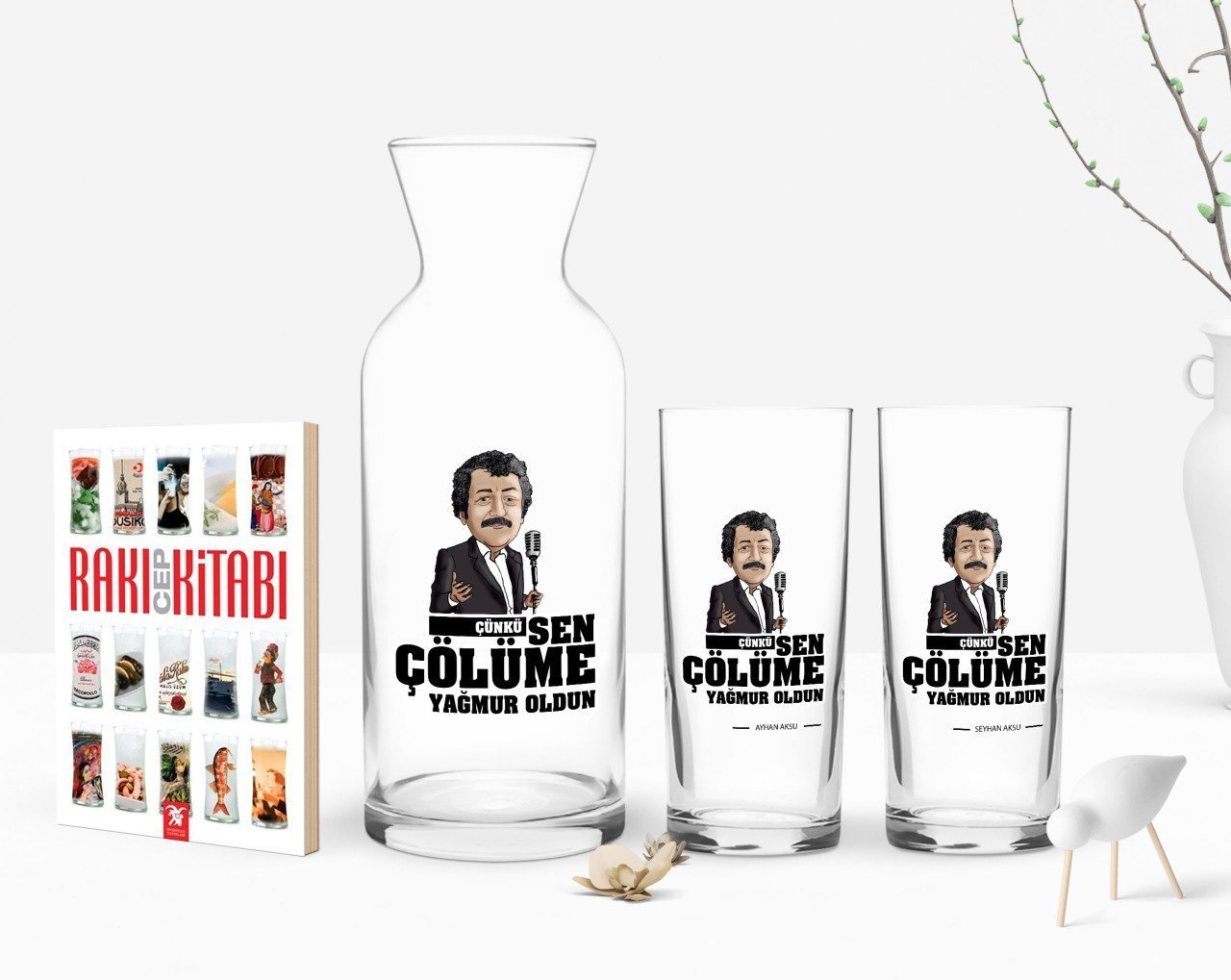 Kişiye Özel Renkli Baskılı Çünkü Sen Çölüme Yağmur Oldun Tasarımlı İkili Rakı Bardağı Karaf ve Cep Kitabı Hediye Seti-7