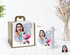 Kişiye Özel Ahşap Kutuda Anneler Günü Temalı Ev Hanımı Karikatürlü Beyaz Kupa Bardak-1
