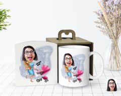 Kişiye Özel Ahşap Kutuda Anneler Günü Temalı Ev Hanımı Karikatürlü Beyaz Kupa Bardak-1
