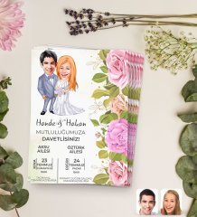 Kişiye Özel Karikatürlü Düğün Davetiyesi Model 94 (100Adet)