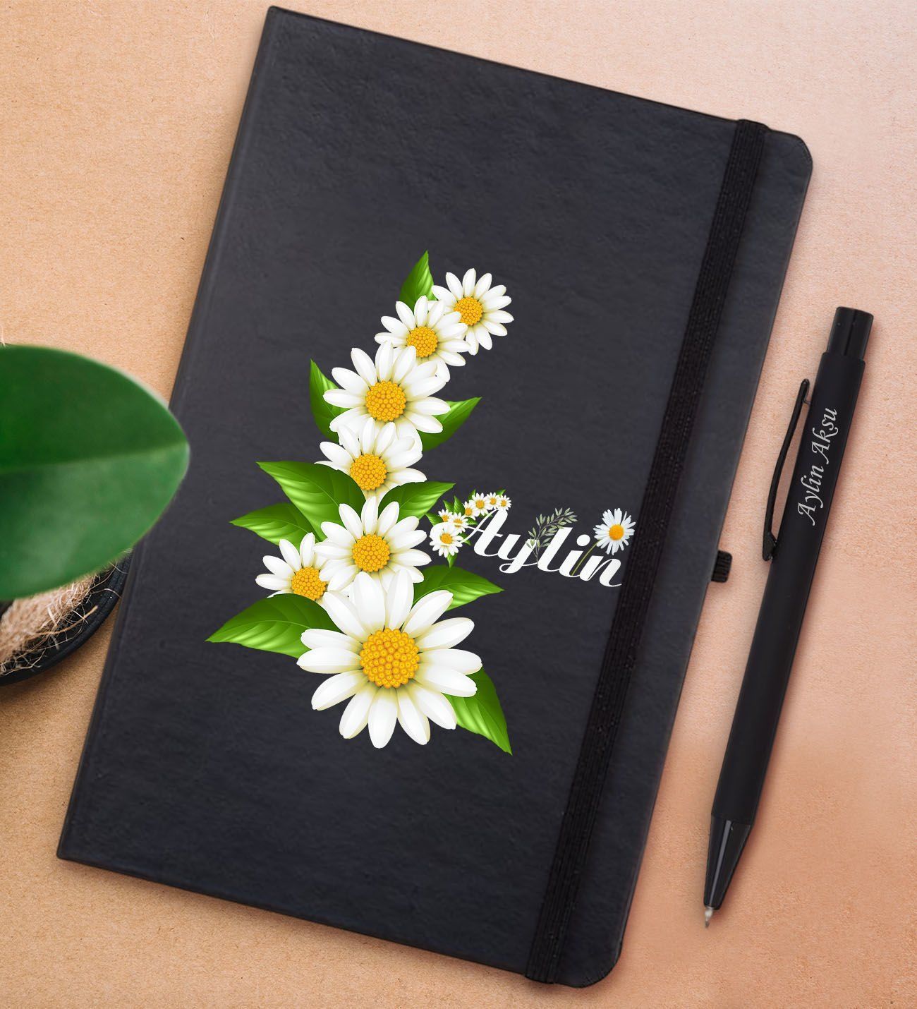 BK Gift Kişiye Özel Papatya Temalı Siyah Defter ve Metal Versatil Kalem(0,7 Kurşun) Hediye Seti-8