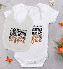 BK Kids Mommy Needs A Coffee Tasarımlı Bebek Body Zıbın ve Mama Önlüğü Hediye Seti - Model 1