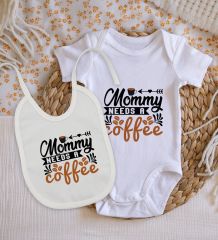 BK Kids Mommy Needs A Coffee Tasarımlı Bebek Body Zıbın ve Mama Önlüğü Hediye Seti - Model 1