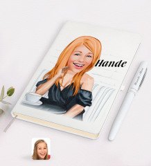 Kişiye Özel Kadın Moda İkonu Karikatürlü Beyaz Defter ve Kalem Hediye Seti-3