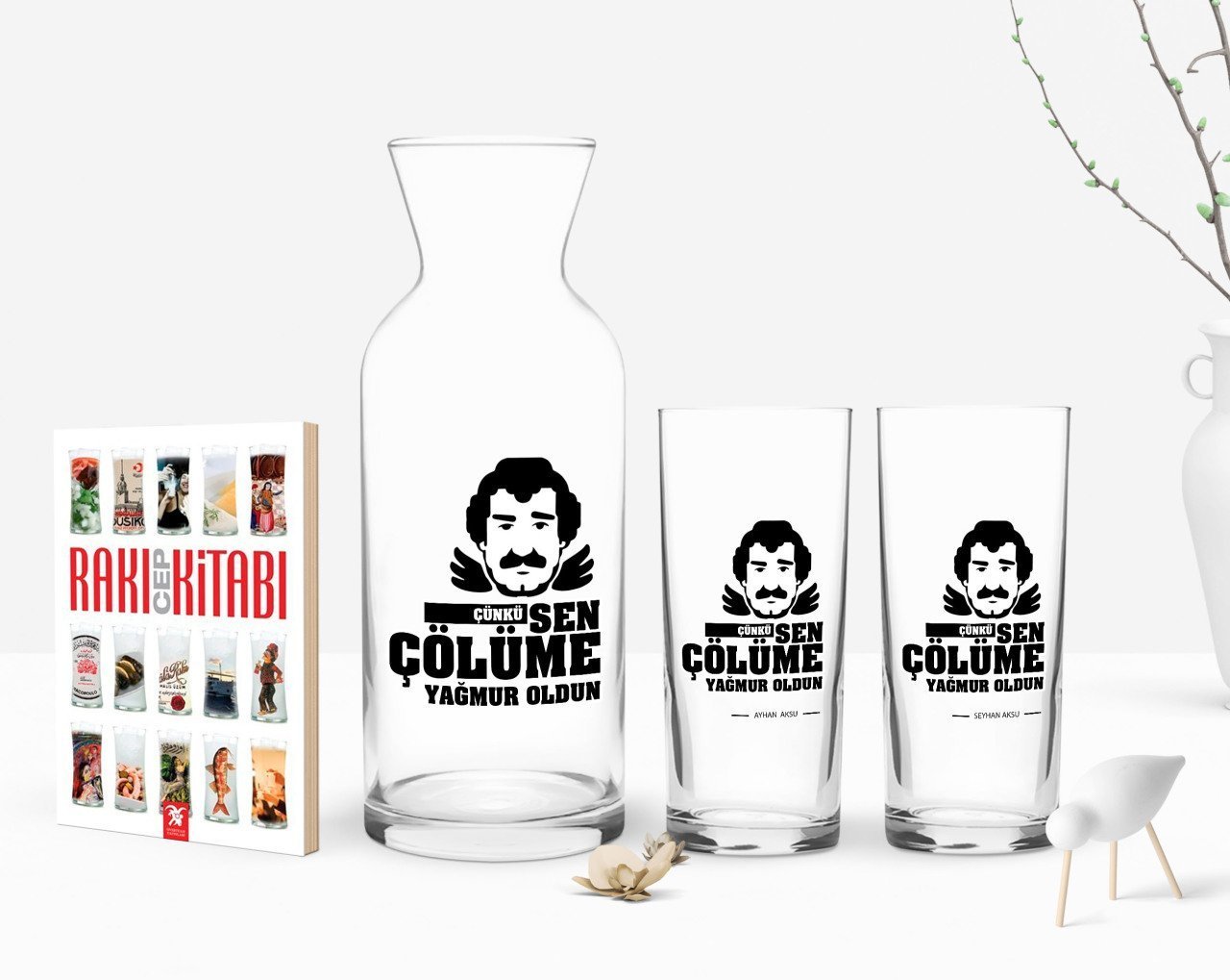 Kişiye Özel Renkli Baskılı Çünkü Sen Çölüme Yağmur Oldun Tasarımlı İkili Rakı Bardağı Karaf ve Cep Kitabı Hediye Seti-6