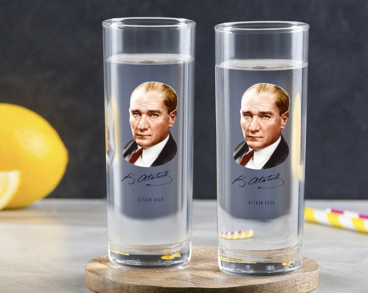 Kişiye Özel Renkli Baskılı Atatürk Temalı İkili Vodka Bardağı-12