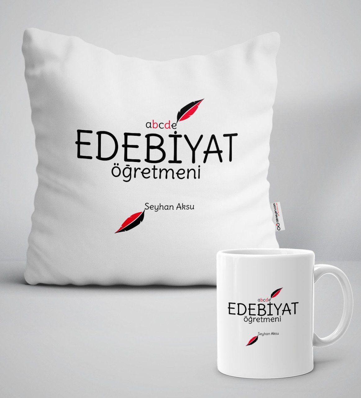Kişiye Özel Edebiyat Öğretmeni Beyaz Yastık Kupa Seti-5