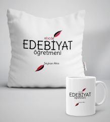 Kişiye Özel Edebiyat Öğretmeni Beyaz Yastık Kupa Seti-5