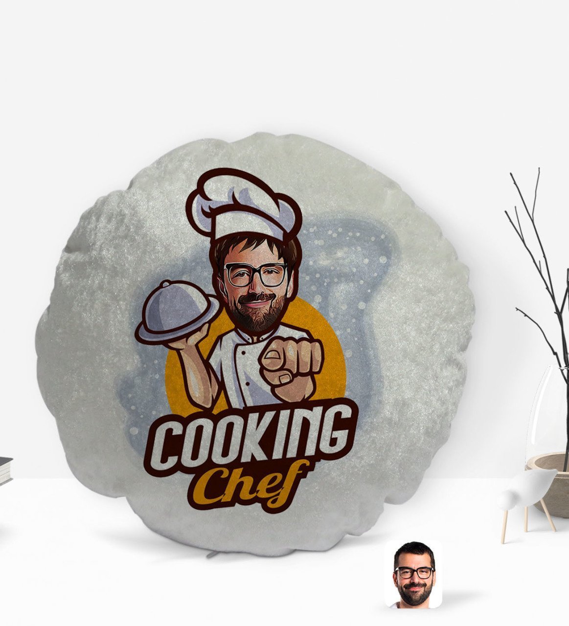 Kişiye Özel Erkek Chef Karikatürlü Yuvarlak Dekoratif Kırlent Yastık-15