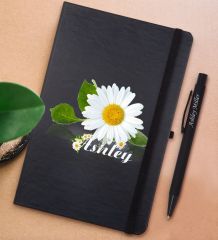 BK Gift Kişiye Özel Papatya Temalı Siyah Defter ve Metal Versatil Kalem(0,7 Kurşun) Hediye Seti-4