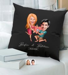 BK Gift Kişiye Özel Sevgililer Karikatürlü Premium Kumaş Siyah Kırlent Yastık, Ev Hediyesi, Ev Dekorasyonu, Kişiselleştirilmiş Yastık, Dekoratif Hediye-14