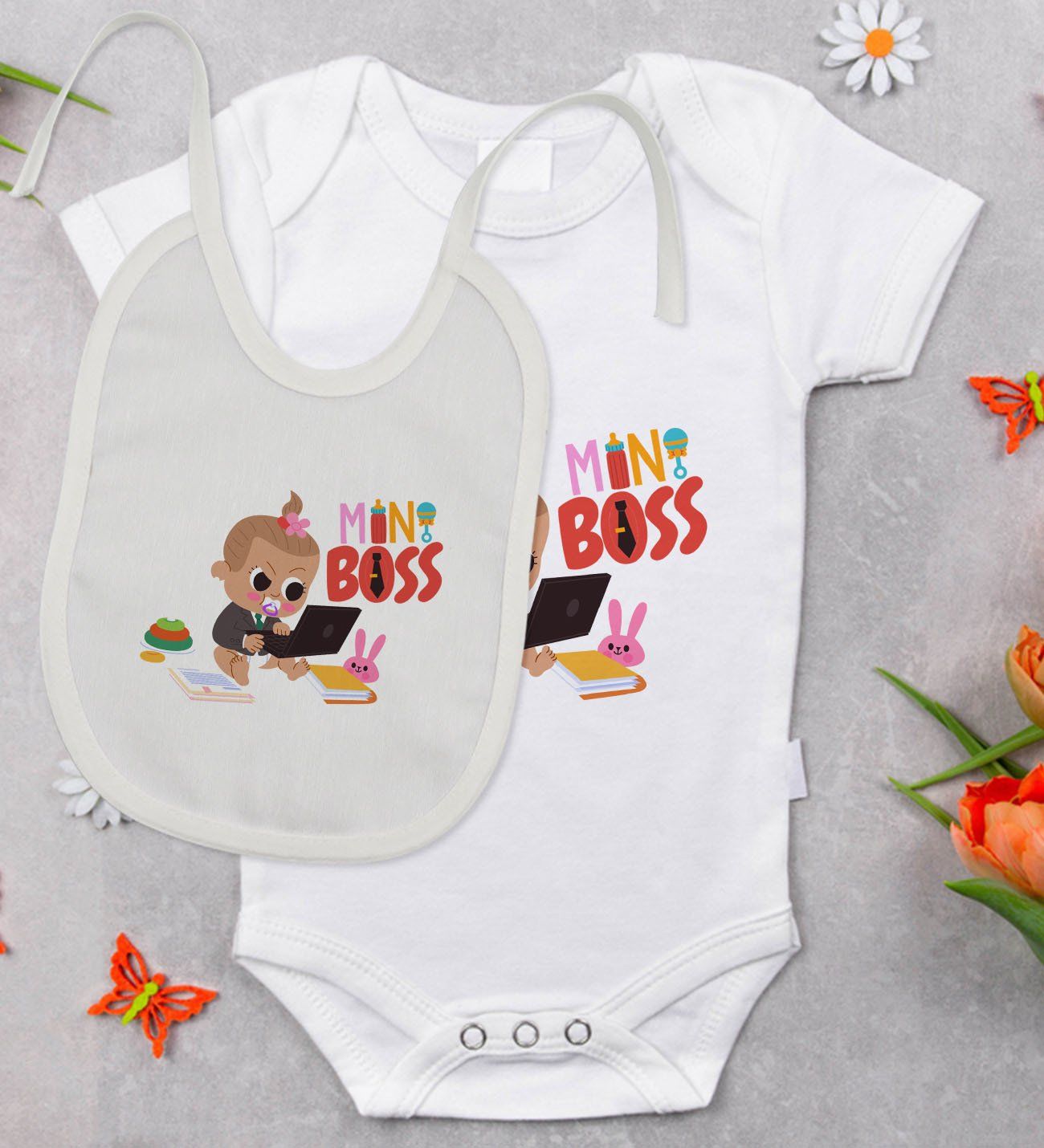 BK Kids Mini Boss Tasarımlı Bebek Body Zıbın ve Mama Önlüğü Hediye Seti - Model 1