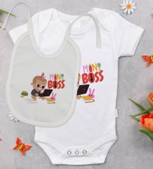 BK Kids Mini Boss Tasarımlı Bebek Body Zıbın ve Mama Önlüğü Hediye Seti - Model 1