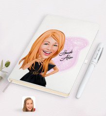 Kişiye Özel Kadın Moda İkonu Karikatürlü Beyaz Defter ve Kalem Hediye Seti-2