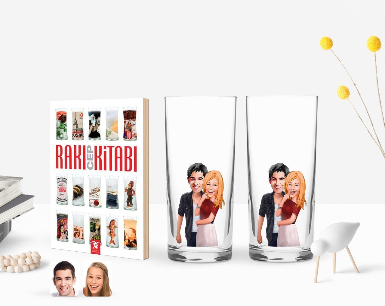 Kişiye Özel Renkli Baskılı Sevgililer Karikatürlü İkili Rakı Bardağı ve Rakı Cep Kitabı Hediye Seti-90