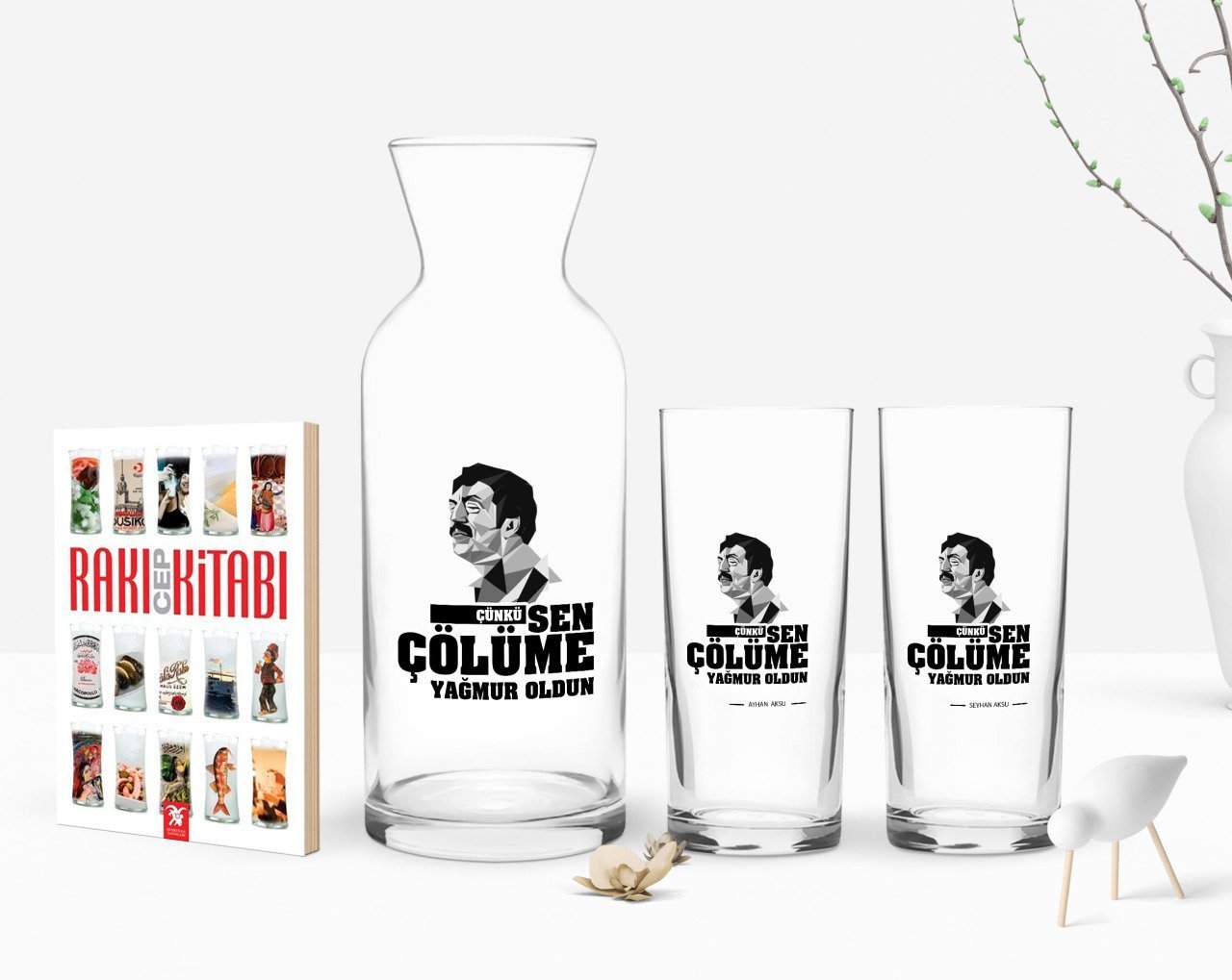 Kişiye Özel Renkli Baskılı Çünkü Sen Çölüme Yağmur Oldun Tasarımlı İkili Rakı Bardağı Karaf ve Cep Kitabı Hediye Seti-5