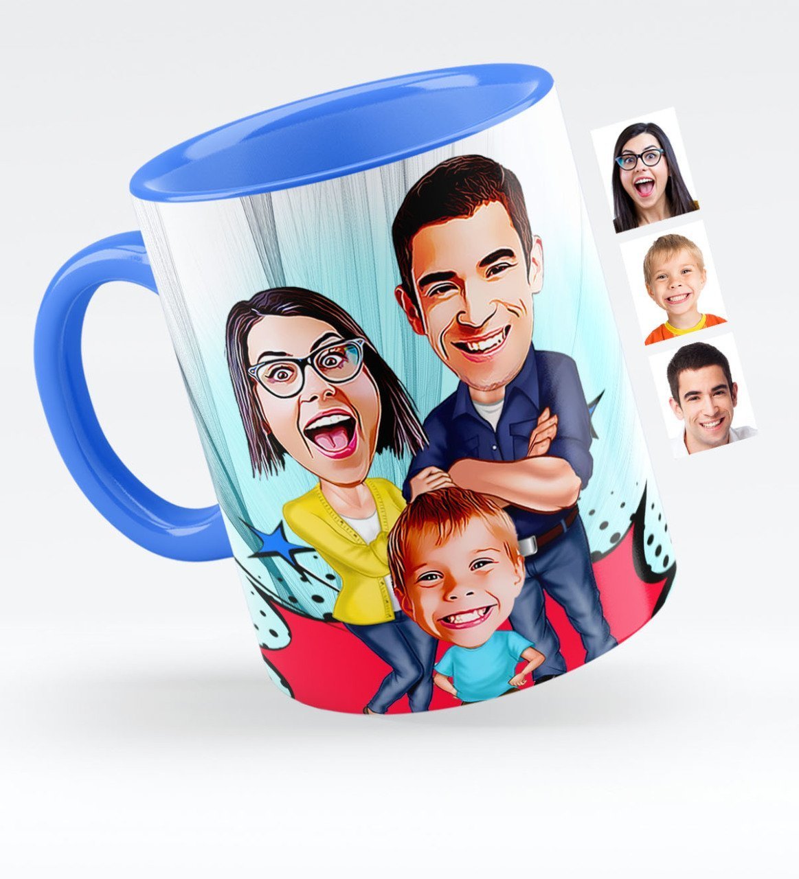 Kişiye Özel Aile Karikatürlü Mavi Kupa Bardak - 1