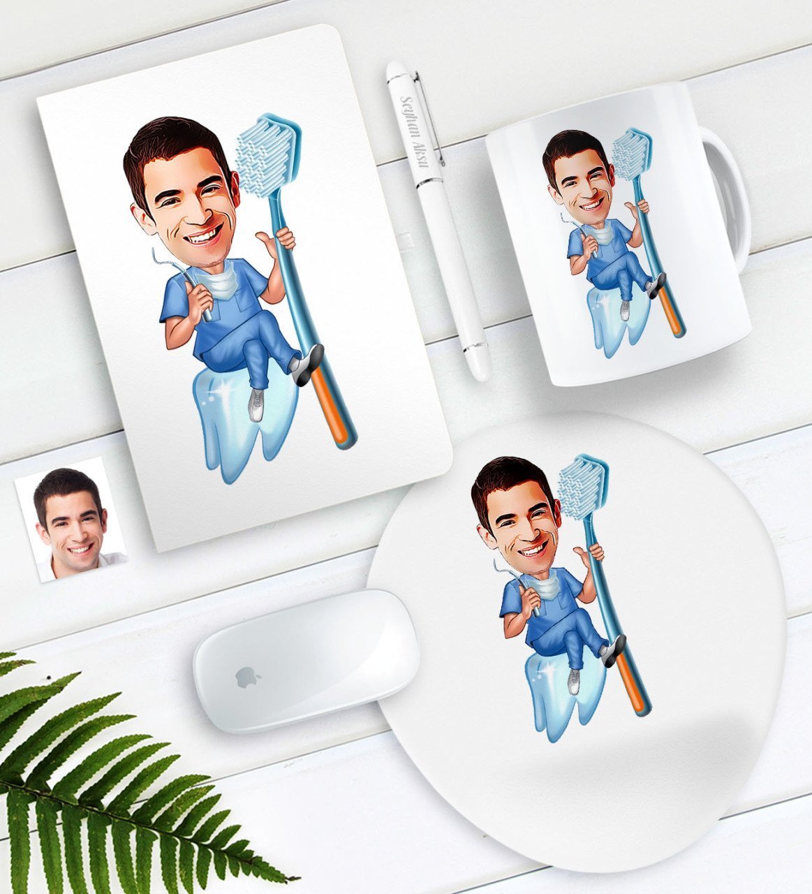 Kişiye Özel Bay Diş Hekimi Karikatürlü Defter Kalem Kupa Mouse Pad Seti-2
