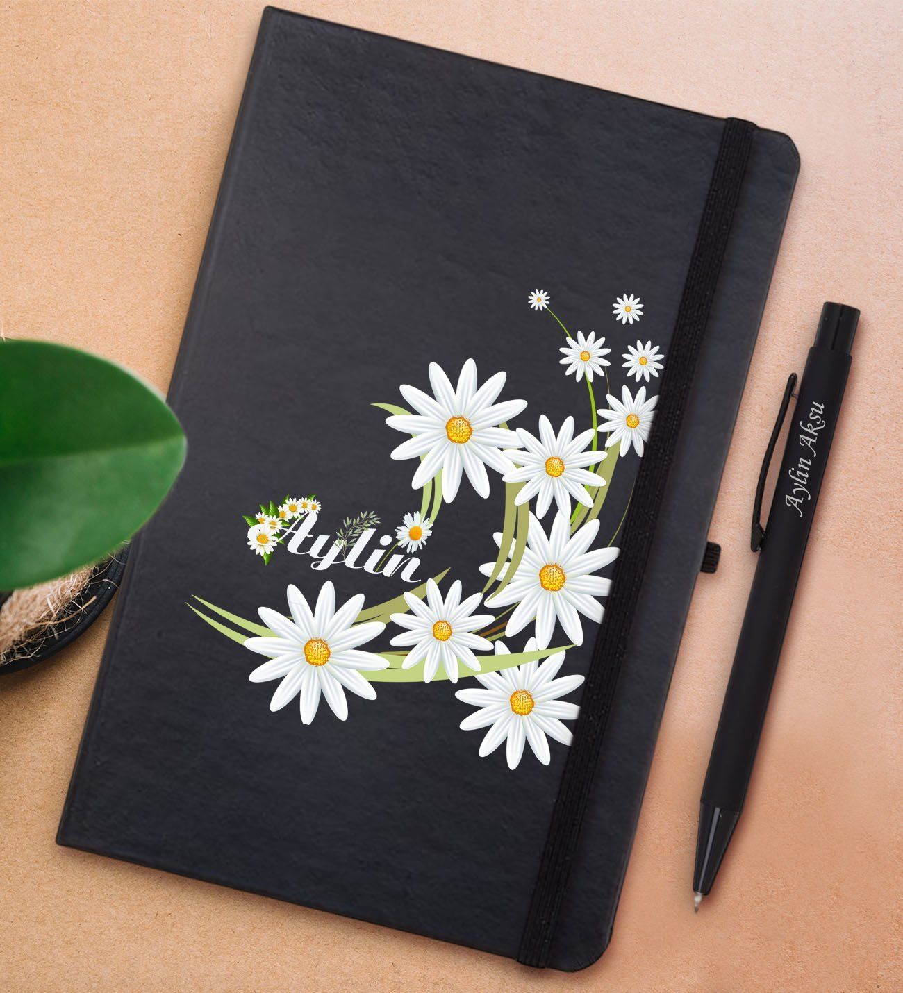 BK Gift Kişiye Özel Papatya Temalı Siyah Defter ve Metal Versatil Kalem(0,7 Kurşun) Hediye Seti-1