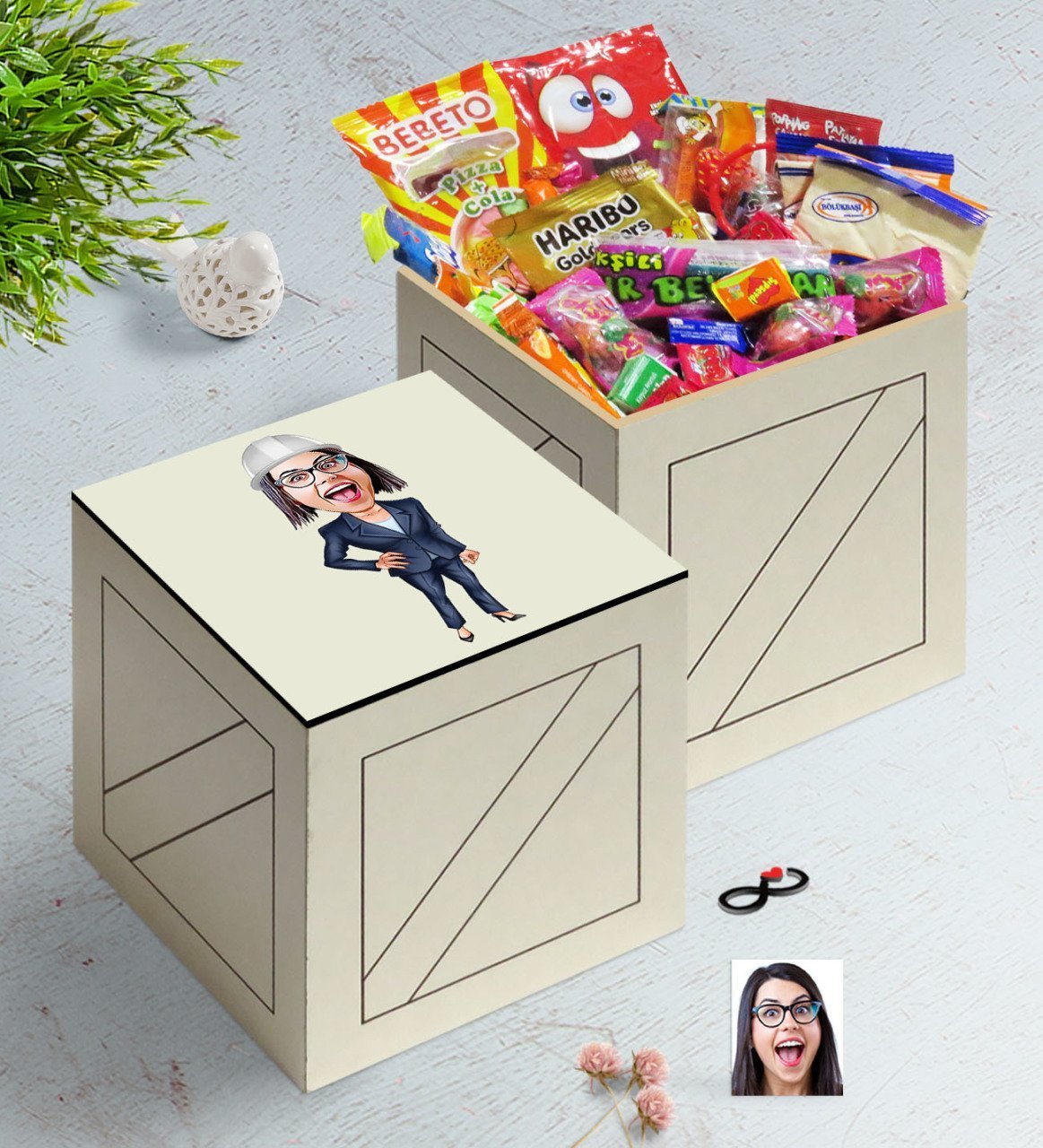 Kişiye Özel Bayan Mühendis Karikatürlü Ahşap Kutuda Nostaljik Lezzetler Hediye Seti