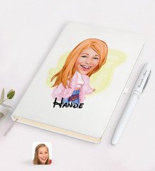 Kişiye Özel Kadın Moda İkonu Karikatürlü Beyaz Defter ve Kalem Hediye Seti-1